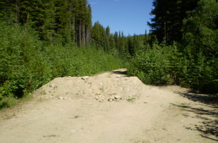 Road squeezes by barrier on logging road to Sheep Rock & Brent Mtn trail 2010-07.